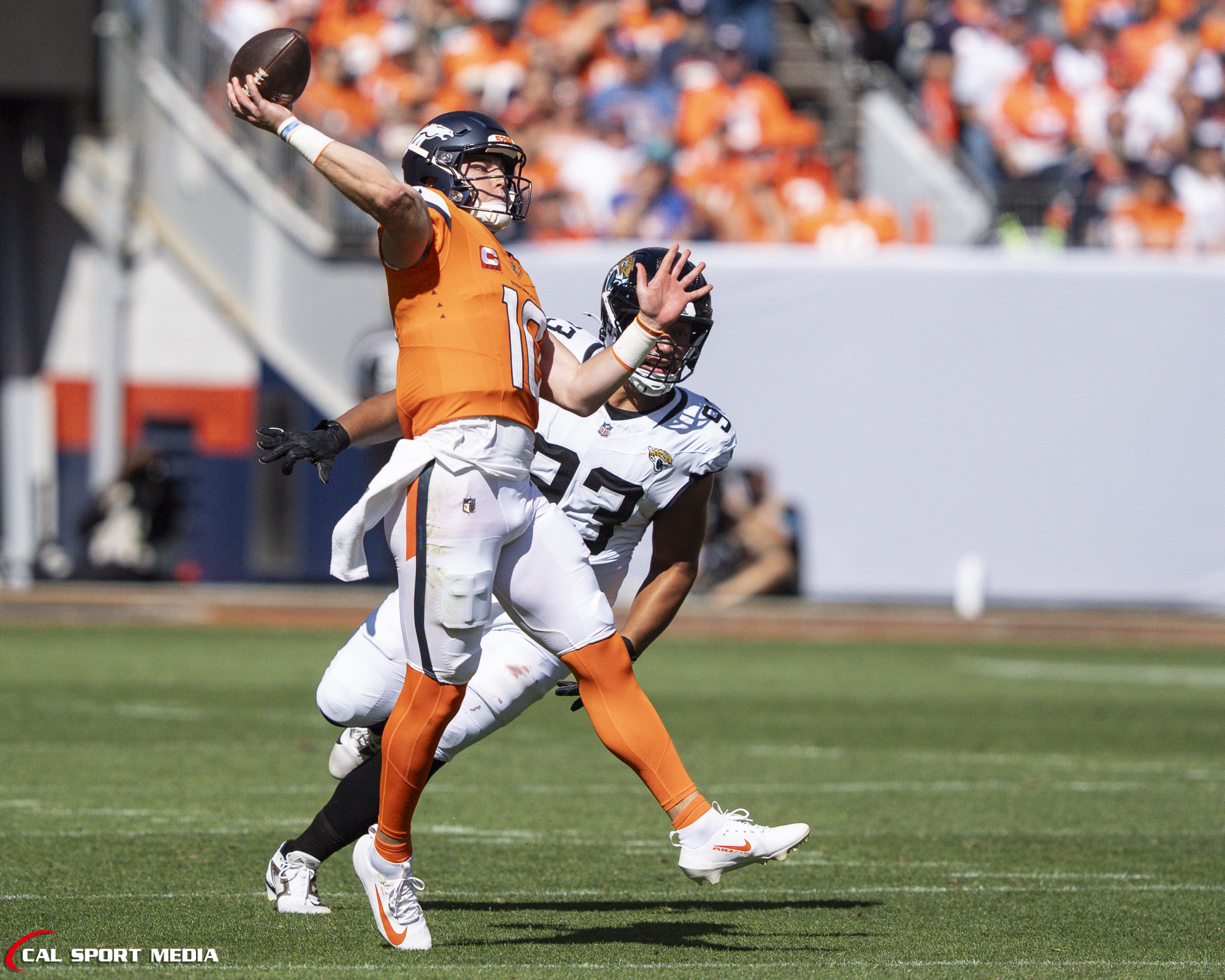Sep 20, 2026; Denver Broncos quarterback Bo Nix (10) launches a deep ball during the game between the Denver Broncos and Jacksonville Jaguars in Denver, CO, USA; at Empower Field at Mile High. Mandatory Credit: Derek Regensburger-Cal Sport Media