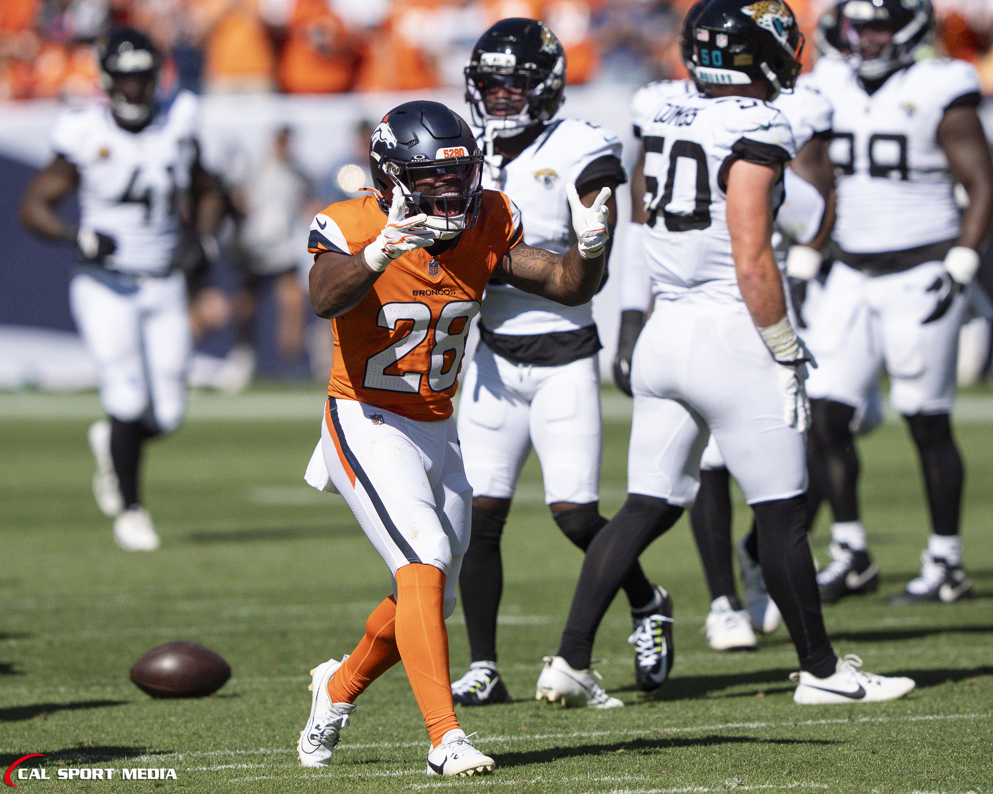 Sep 20, 2026; Denver Broncos running back Tyler Badie (28) celebrates his first down  during the game between the Denver Broncos and Jacksonville Jaguars in Denver, CO, USA; at Empower Field at Mile High. Mandatory Credit: Derek Regensburger-Cal Sport Media