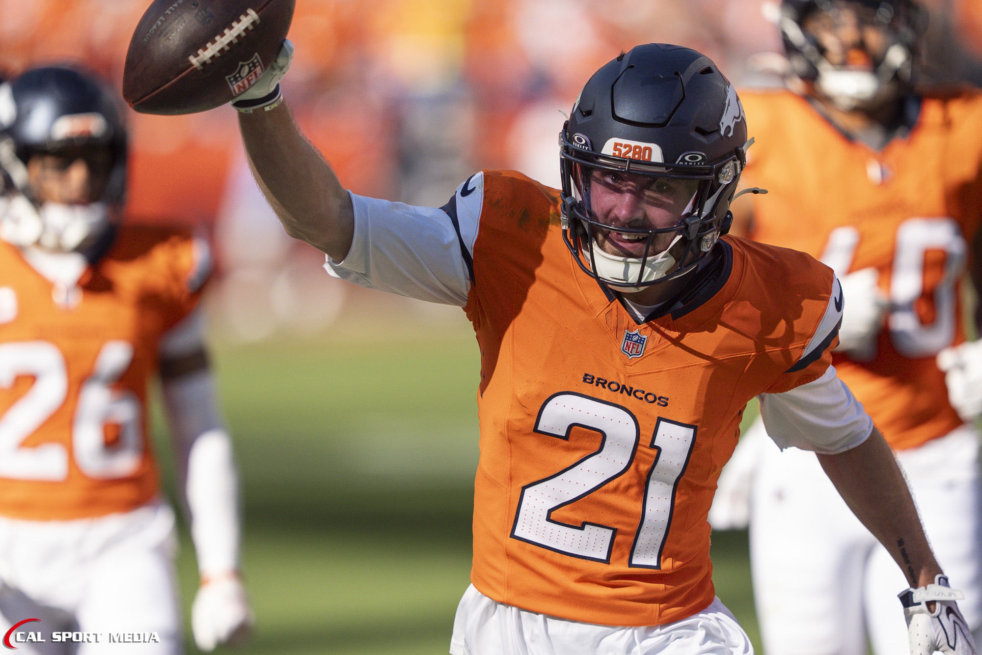 Sep 20, 2026; Denver Broncos cornerback Riley Moss (21) celebrates his interception during the game between the Denver Broncos and Jacksonville Jaguars in Denver, CO, USA; at Empower Field at Mile High. Mandatory Credit: Derek Regensburger-Cal Sport Media