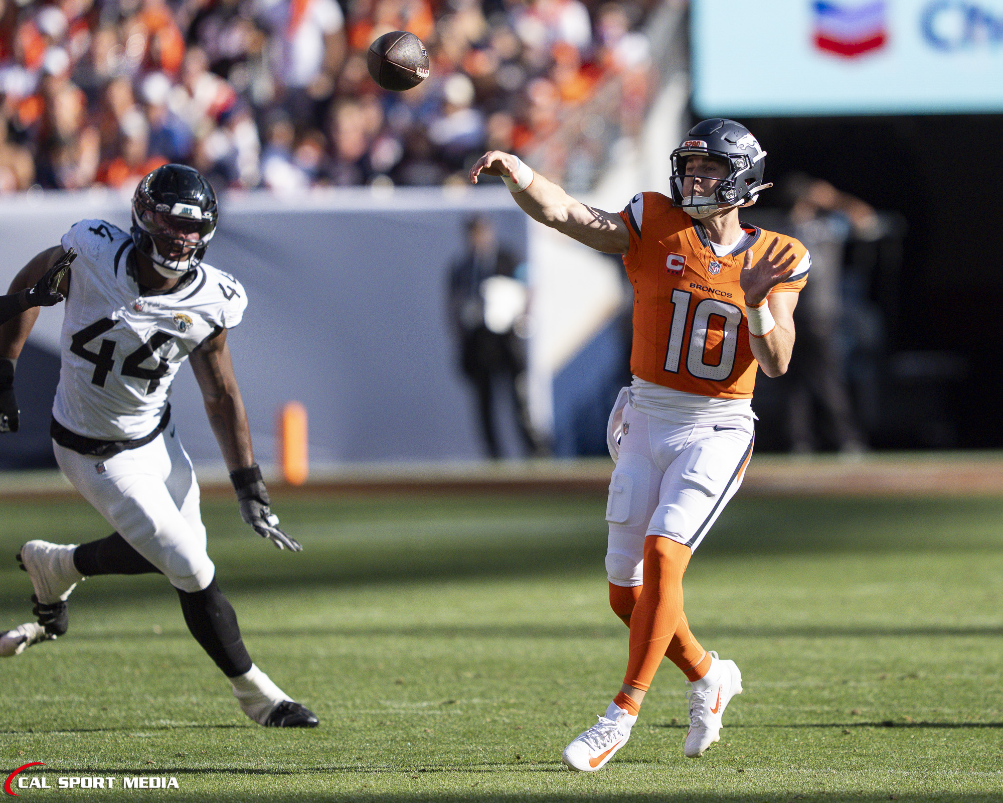Sep 20, 2026; Denver Broncos quarterback Bo Nix (10) throws a pass during the game between the Denver Broncos and Jacksonville Jaguars in Denver, CO, USA; at Empower Field at Mile High. Mandatory Credit: Derek Regensburger-Cal Sport Media