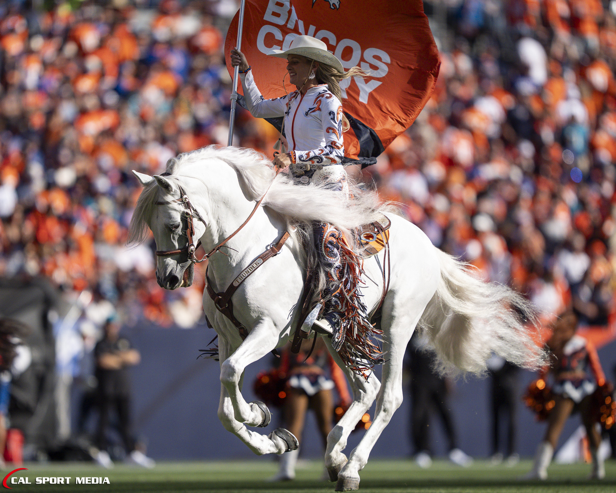 Sep 20, 2026; Thunder, the Broncos mascot, runs on the field after a touchdown during the game between the Denver Broncos and Jacksonville Jaguars in Denver, CO, USA; at Empower Field at Mile High. Mandatory Credit: Derek Regensburger-Cal Sport Media