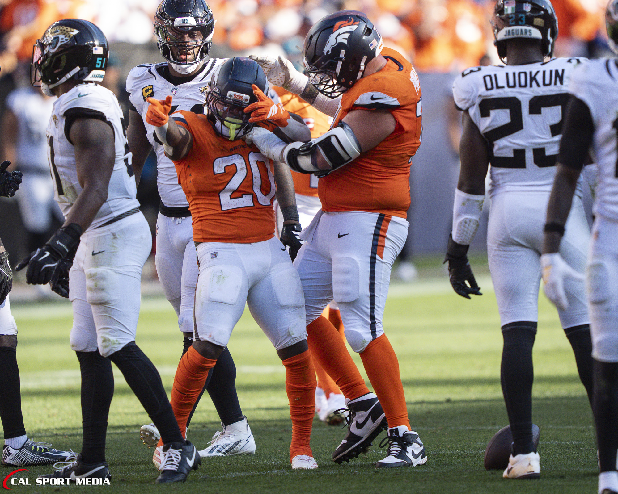 Sep 20, 2026; Denver Broncos running back Jonah Coleman (20) indicates first down during the game between the Denver Broncos and Jacksonville Jaguars in Denver, CO, USA; at Empower Field at Mile High. Mandatory Credit: Derek Regensburger-Cal Sport Media