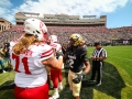 September 7, 2019:  Nebraska Cornhuskers offensive lineman Matt Farniok (71) and Colorado Buffaloes wide receiver Laviska Shenault Jr. (2) shake hands before the game at Folsom Field in Boulder, CO. Derek Regensburger/CSM.