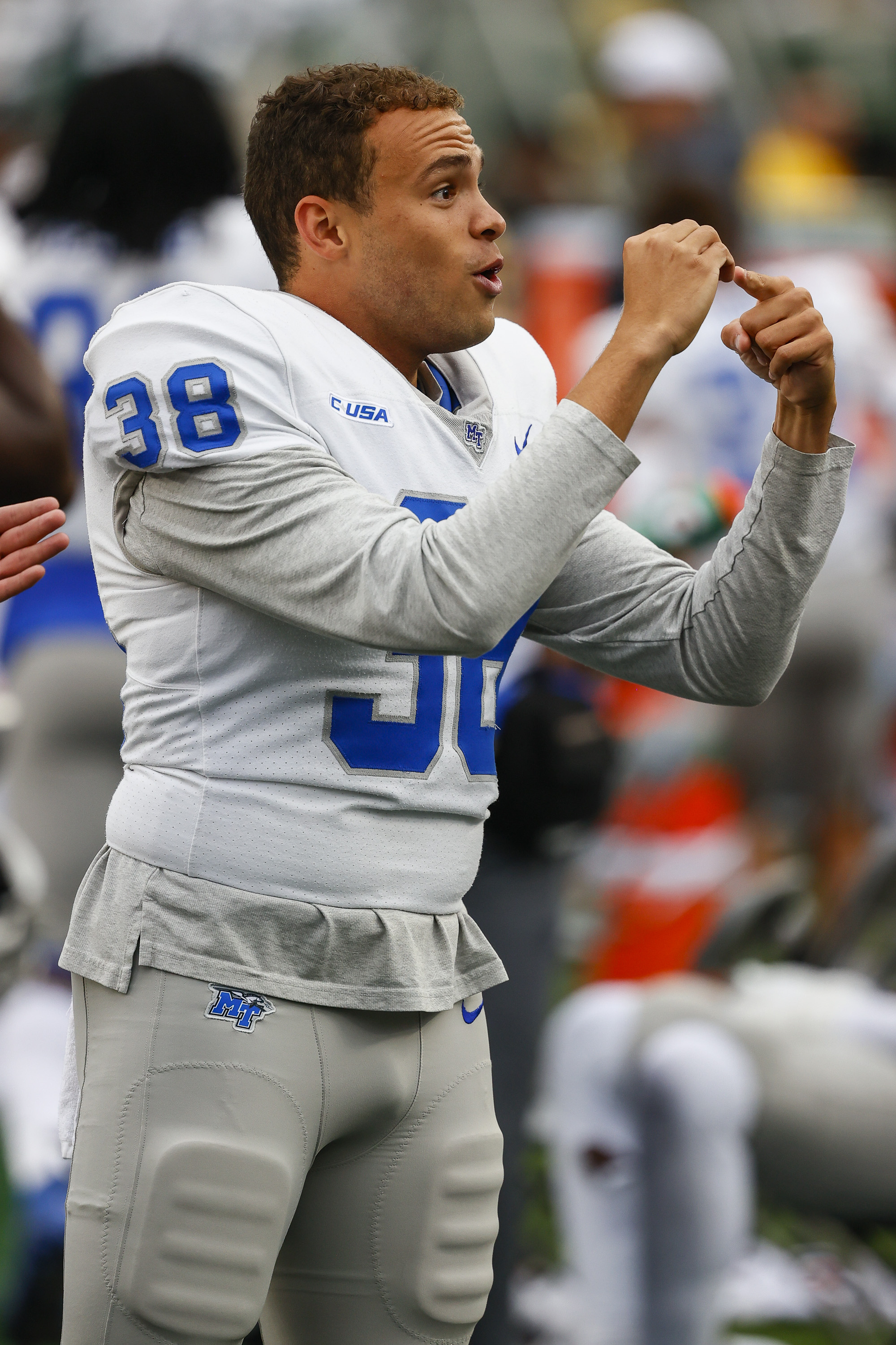 September 10, 2022: Middle Tennessee Blue Raiders punter Miles Tillman (38) mocks the home crowd by hiding up a zero sign in the football game between Colorado State and Middle Tennessee at Canvas Stadium in Fort Collins, CO. MTSU rolled out to a 34-0 lead on the road and held on to win 34-19. Derek Regensburger/CSM.