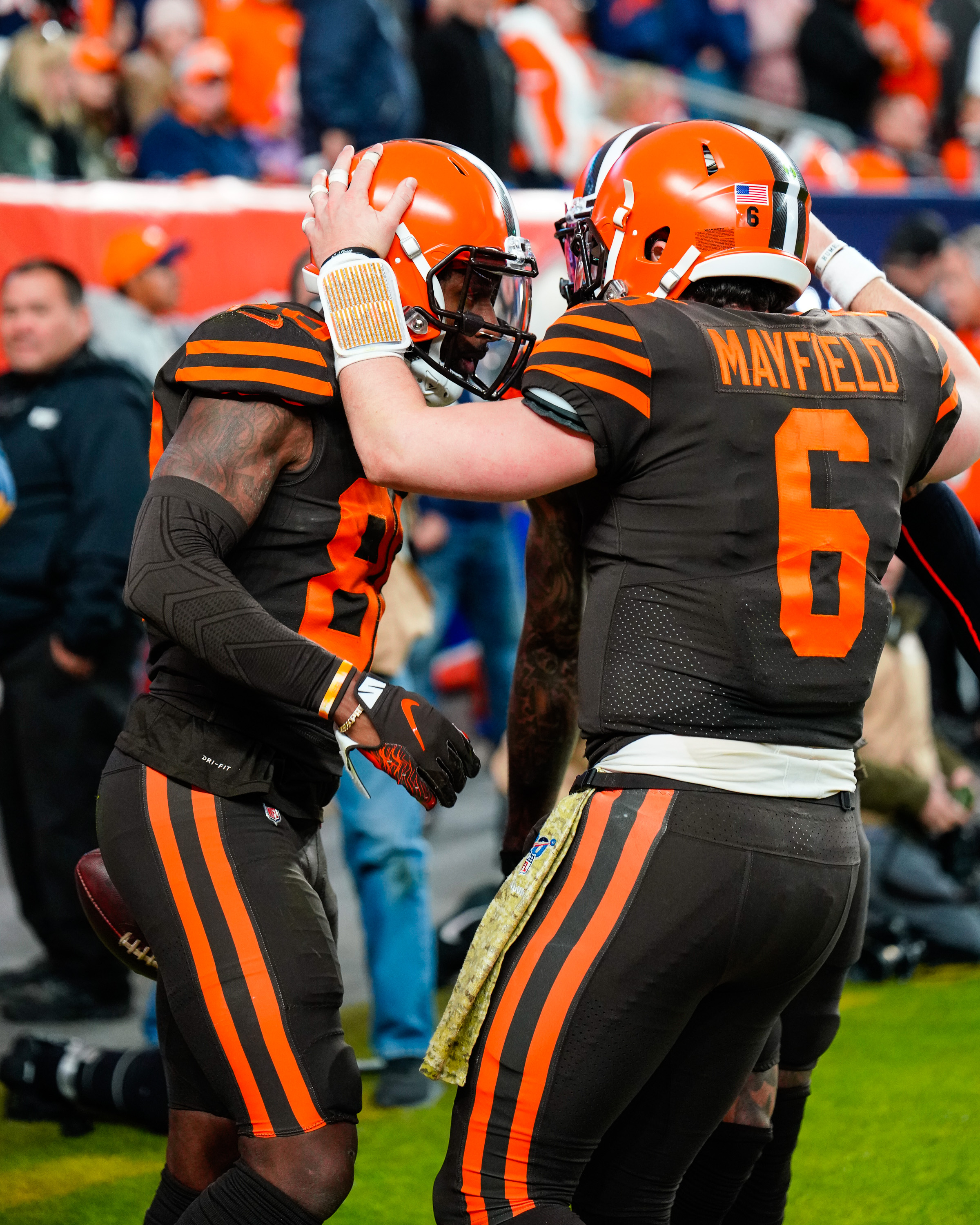 November 03, 2019: Cleveland Browns wide receiver Jarvis Landry (80) runs  after the catch in the second half of the game between Denver and Cleveland  at Empower Field in Denver, CO. Denver