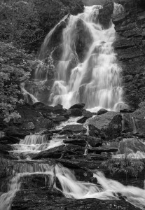 Norway, waterfall, black and white