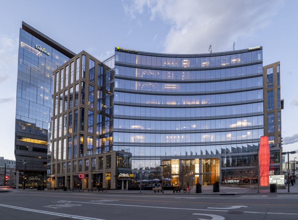 downtown Denver, office building, exterior, commercial real restate photography, twilight